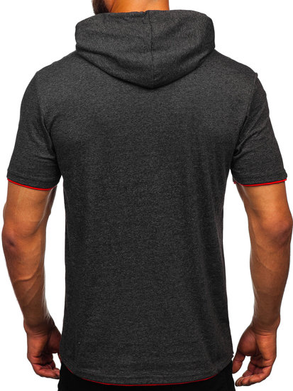 Tee-shirt sans imprimé anthracite-rouge à capuche pour homme Bolf 08