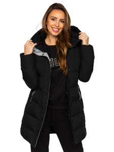 Blouson long matelassé manteau d'hiver à capuche pour femme noir Bolf 7091