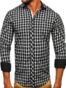 Chemise élégante à manche longue à carreaux pour homme noire Bolf 4747-1