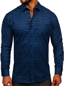 Chemise en flanelle à carreaux à manche longue pour homme bleue foncée Bolf F4