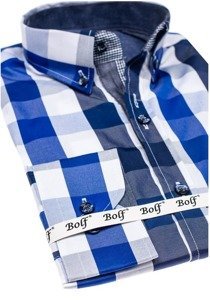 La chemise à carreaux avec les manches longues pour homme bleue Bolf 2779