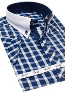 La chemise élégante à carreaux avec les manches courtes pour homme bleue foncée Bolf 5531