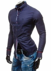 La chemise élégante avec la manche longue pour homme bleue foncée Bolf 5801