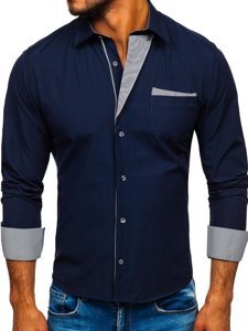 La chemise élégante avec les manches longues pour homme bleue foncée Bolf 4713