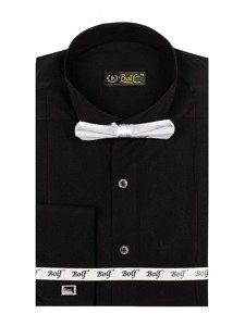 La chemise élégante avec les manches longues pour homme noire Bolf 4702 nœud papillon+boutons