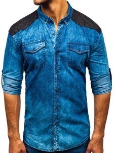 La chemise en jeans à motifs avec la manche longue pour homme bleue Bolf 0517