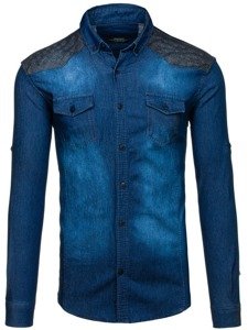 La chemise en jeans à motifs avec la manche longue pour homme bleue foncée Bolf 0517