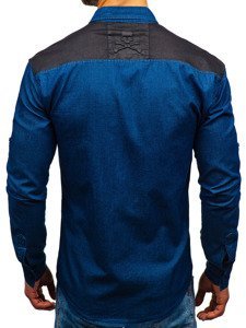 La chemise en jeans à motifs avec la manche longue pour homme bleue foncée Bolf 0517