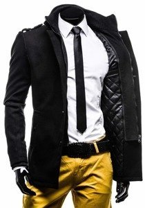 Manteau à boutonnage simple pour homme avec un col haut noir Bolf 8853E