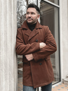 Manteau d'hiver à double boutonnage pour homme brun vec col montant supplémentaire amovible Bolf 8805