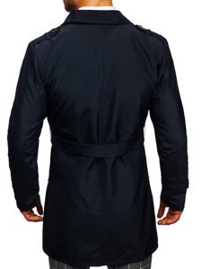 Manteau trench-coat à double rangée avec col haut et ceinture pour homme bleu foncé Bolf 0001