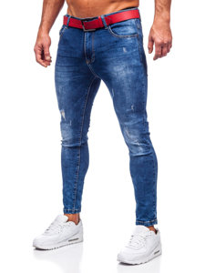 Pantalon en jean slim fit avec ceinture pour homme bleu foncé Bolf TF101