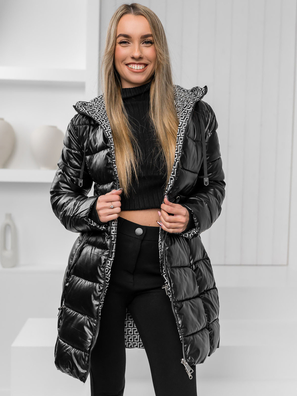 Blouson d'hiver long réversible matelassé à capuche pour femme noir Bolf B8070