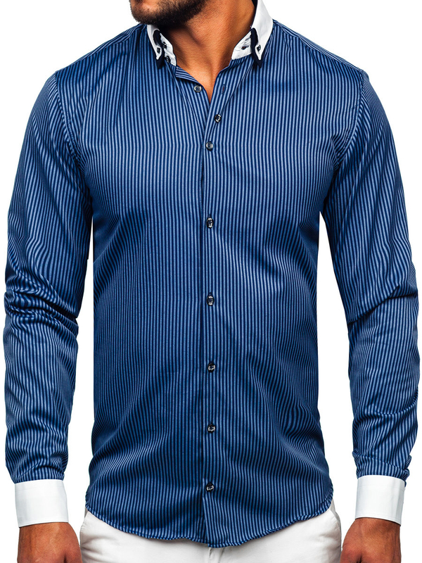 La chemise élégante en rayures avec les manches longues pour homme bleue foncée Bolf 0909