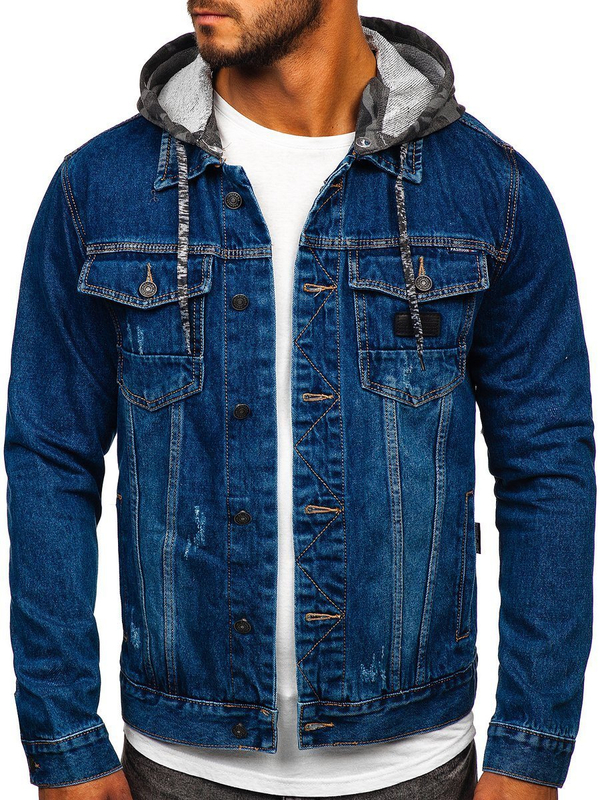Blouson en jean pour homme à capuche bleu foncé Bolf RB9824-1