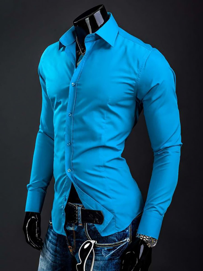 Chemise élégante turquoise à manches longues pour homme Bolf 1703A