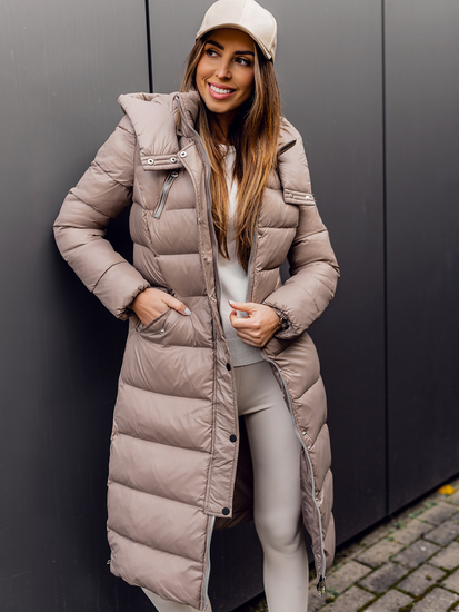 Femme Blouson d'hiver matelassée long à capuche Marron Bolf M689