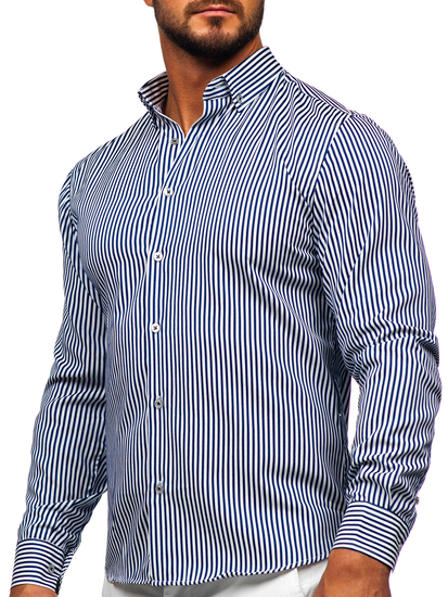 Chemise en rayures à manche longue pour homme bleue foncée Bolf 22731