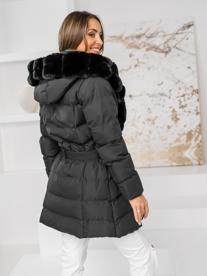 Femme Blouson d'hiver matelassée long à capuche Noir Bolf 5M3158