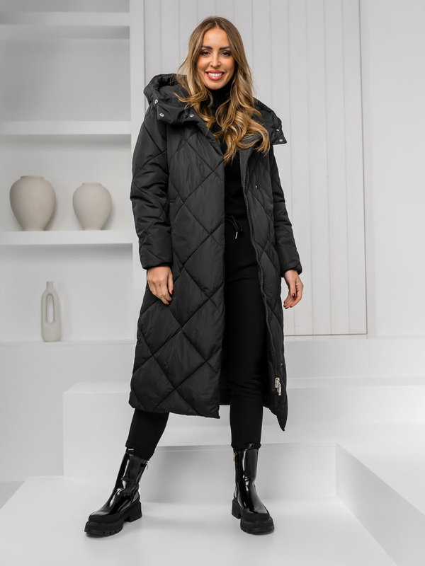 Femme Blouson matelassée d'hiver à capuche longue Noir Bolf 5M3173