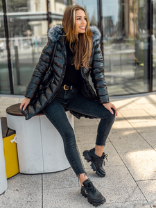 Blouson d'hiver long matelassé à capuche pour femme noir Bolf 7076