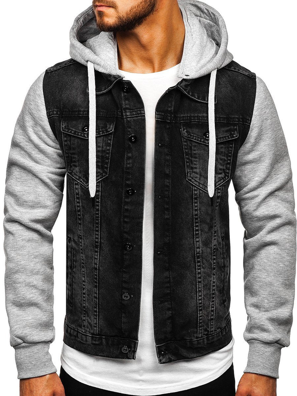 Blouson en jean pour homme noir à capuche Bolf 211902