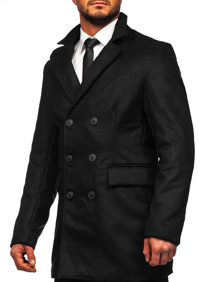 Manteau d'hiver long à double rangée pour homme noir Bolf 79B3-073