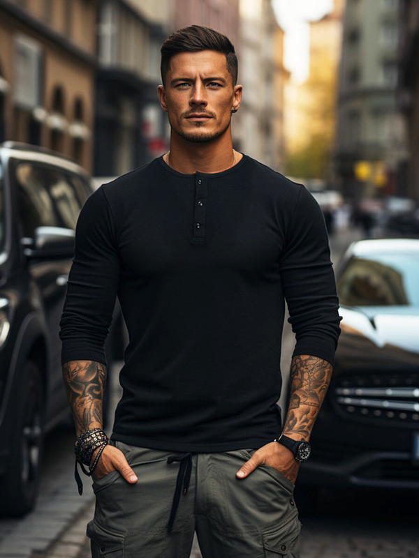 Homme Tee-shirt manche longue boutonné Noir Bolf 1114A2