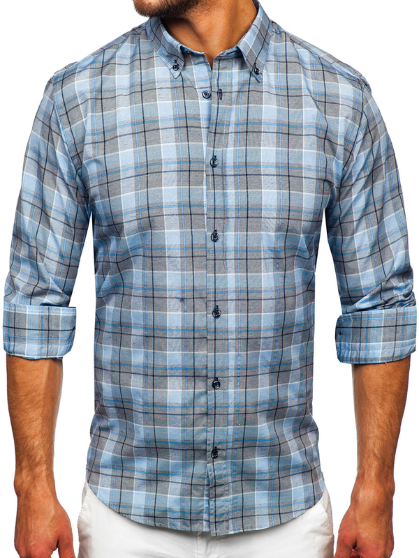 Homme Chemise à carreaux à manche longue Bleu Bolf 22748