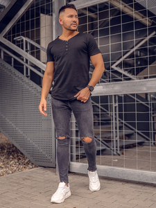 T-shirt noir uni en coton à col en V pour homme Bolf 4049A