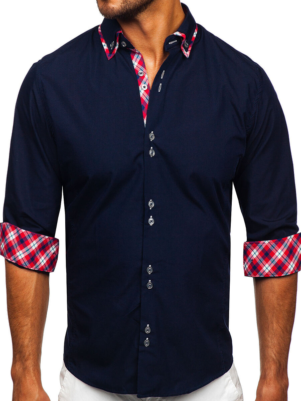 La chemise élégante avec les manches longues pour homme bleue foncée Bolf 4704