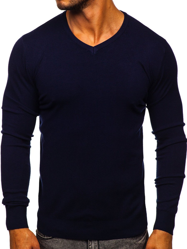 Homme Pull uni col V Bleu foncé Bolf YY03