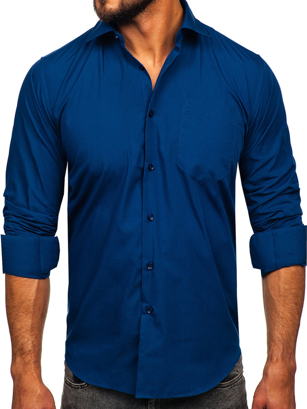 Chemise élégante à manches longues pour homme bleue foncée Bolf M14