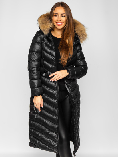 Blouson long matelassé manteau d'hiver avec fourrure naturelle pour femme noir Bolf M699
