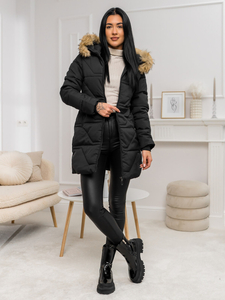 Femme Veste d'hiver avec capuche et fourrure Noir-Marron Bolf 16M9099