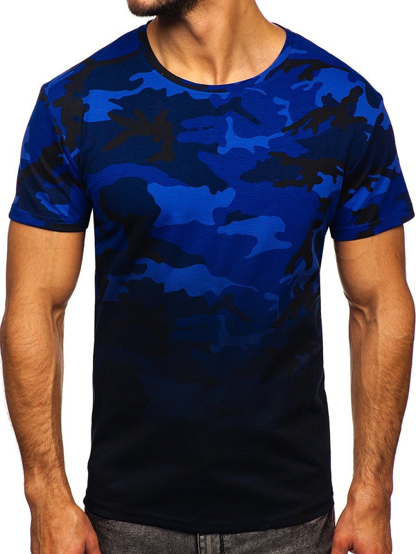 Tee-shirt pour homme bleu foncé avec imprimé camo Bolf S808