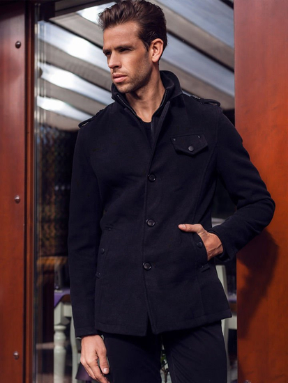 Manteau à boutonnage simple pour homme avec un col haut noir Bolf 8853