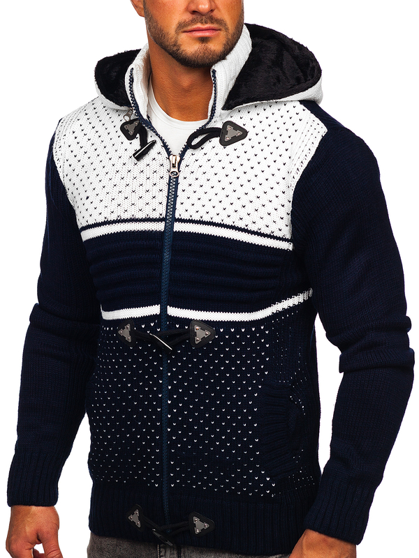 Pull épais zippé pour homme bleu foncé à capuche Bolf 2047
