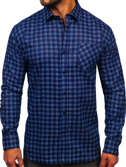 Homme Chemise de flanelle à manches longues à carreaux Bleu foncé-Blanc Bolf F4