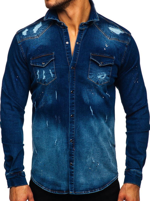 Chemise à manches longues en jean pour homme bleue foncée Bolf R802