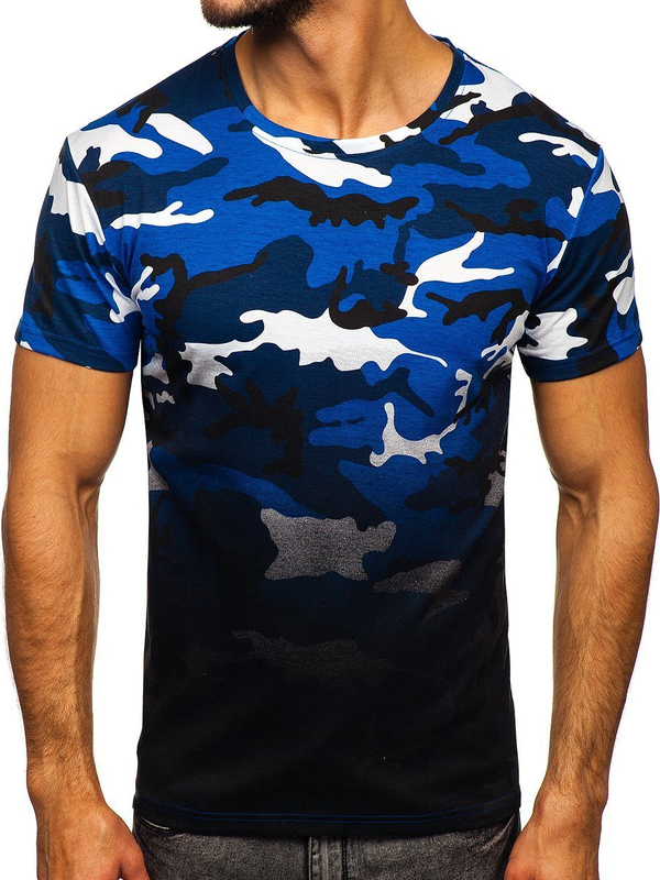 Tee-shirt pour homme bleu avec imprimé camo Bolf S808