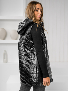 Gilet long matelassé à capuche pour femme noir Bolf 7632