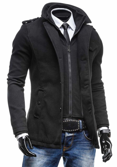 Manteau à boutonnage simple pour homme avec un col haut noir Bolf 8853C