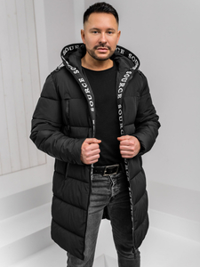 Homme Blouson d'hiver longue matelassée à capuche Noir Bolf 22M329
