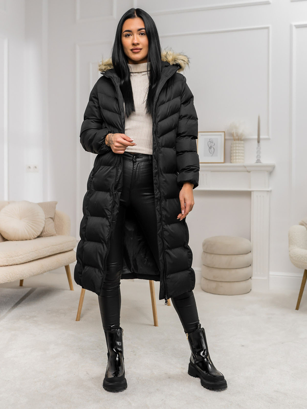 Femme Blouson d'hiver longue matelassée à capuche Noir Bolf 5M3228