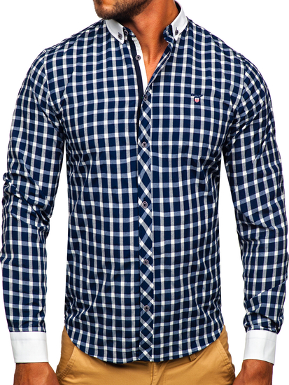 Chemise élégante à manche longue à carreaux pour homme bleue foncée Bolf 5737-1