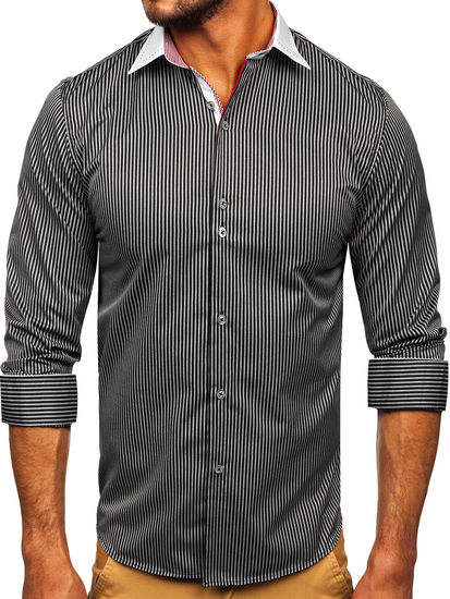 Chemise élégante en rayures à manche longue pour homme noire Bolf 4785