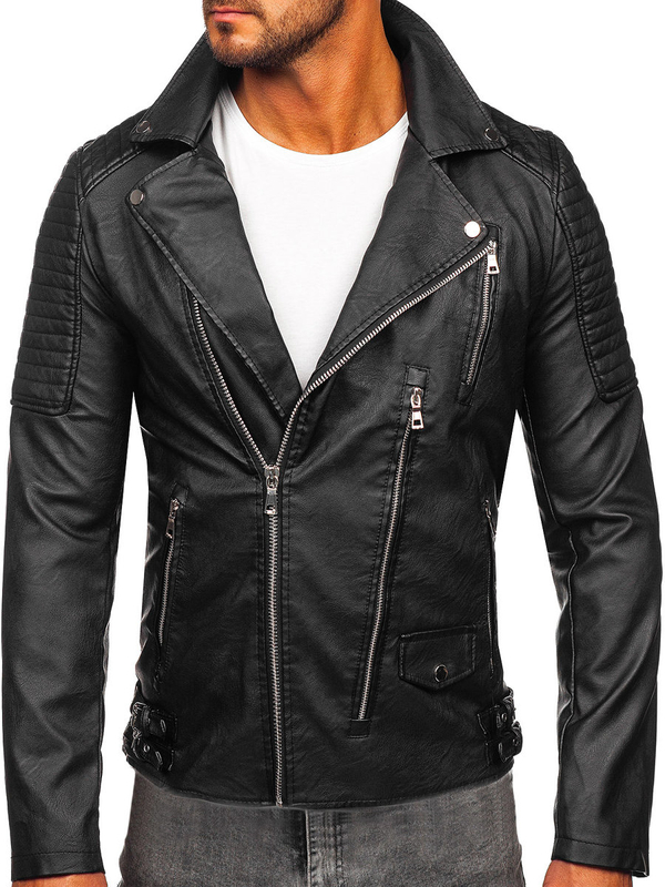 Homme Blouson de motard en cuir Noir Bolf 11Z8026