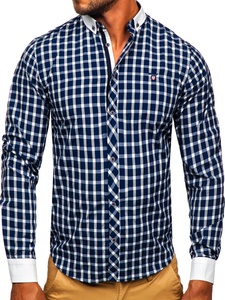 Chemise élégante à manche longue à carreaux pour homme bleue foncée Bolf 5737-1
