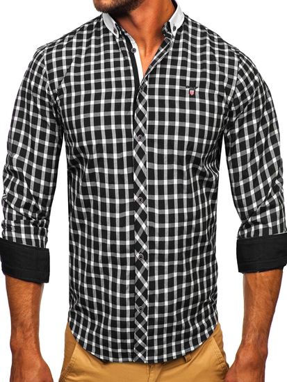Chemise élégante à manche longue à carreaux pour homme noire Bolf 5737-1